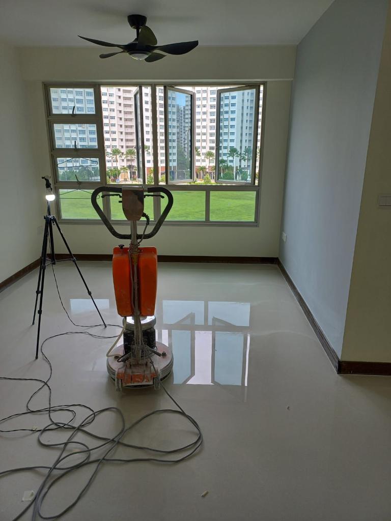 Marble polish in progress, HDB living room